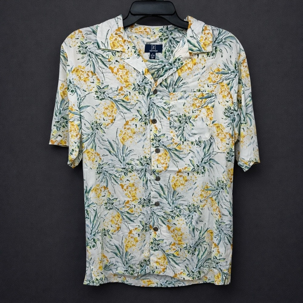 George Mens Button Front Shirt Size M White Yellow Pineapple Rayon Camp Collar